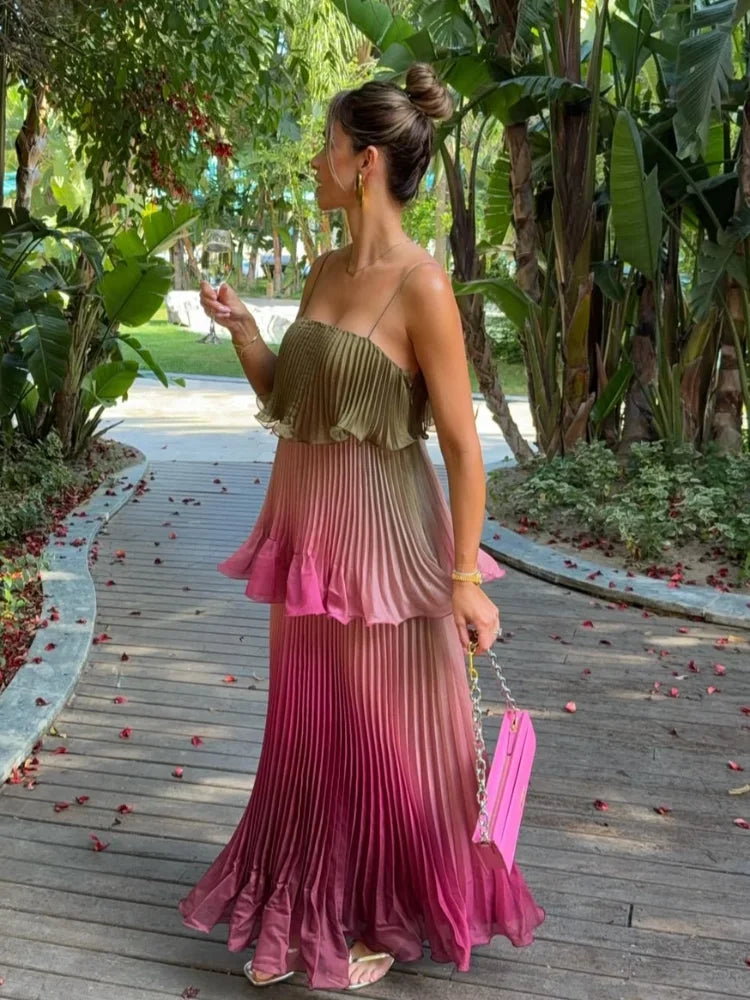 Multicolored Pleated  Maxi Dress  Spaghetti Strap Ruffle Tiered Flowy