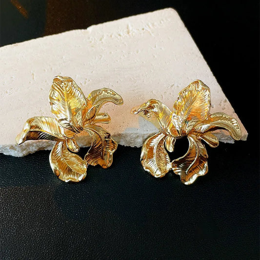 Geometric Metal Petal Flower Stud Earrings