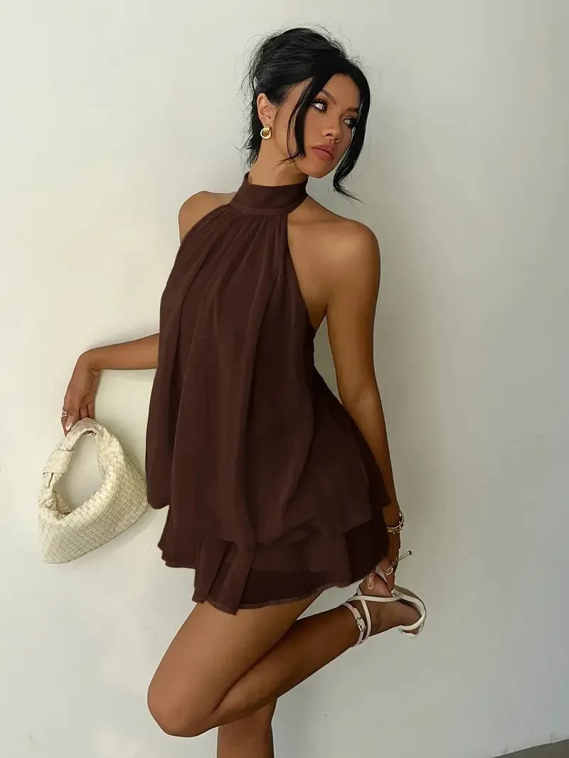 Halter Neck Backless Tie Mini Dress