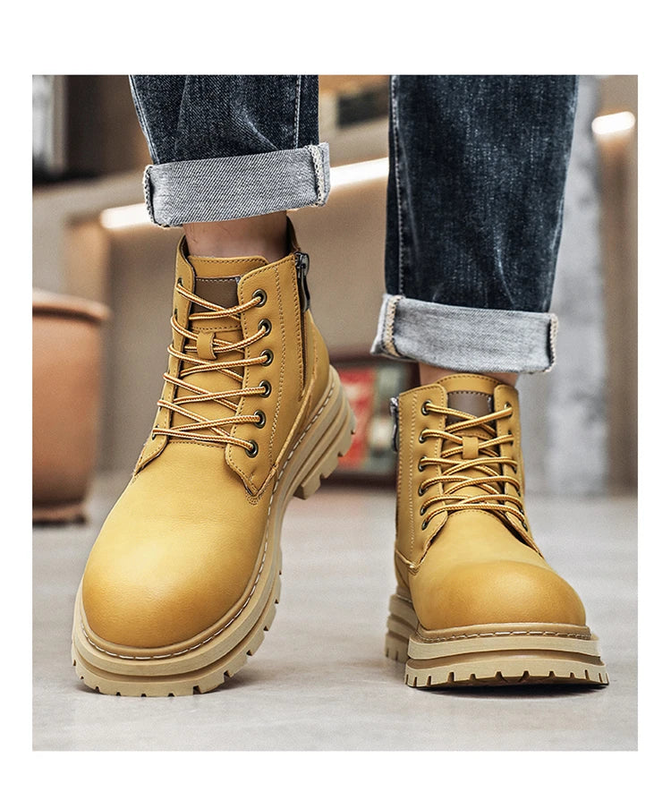 New autumn and winter men's boots rain boots high-top fashion side zipper motorcycle boots men's outdoor warm booties lacing 46
