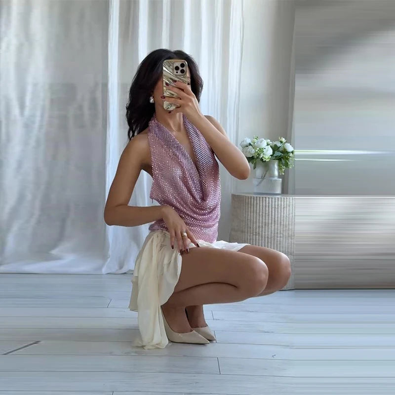 Diamond Halter Backless V Neck Dress