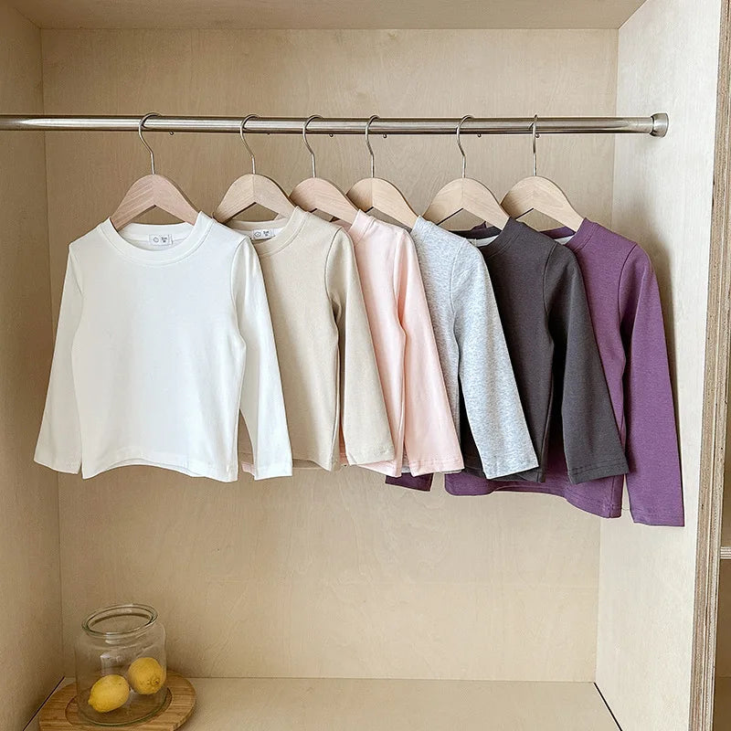 6 Colors Autumn Long Sleeve Tees Children's T-shirt Cotton Solid Color Base Coat Leisure Wear Boys Girls Tops Kids Clothes