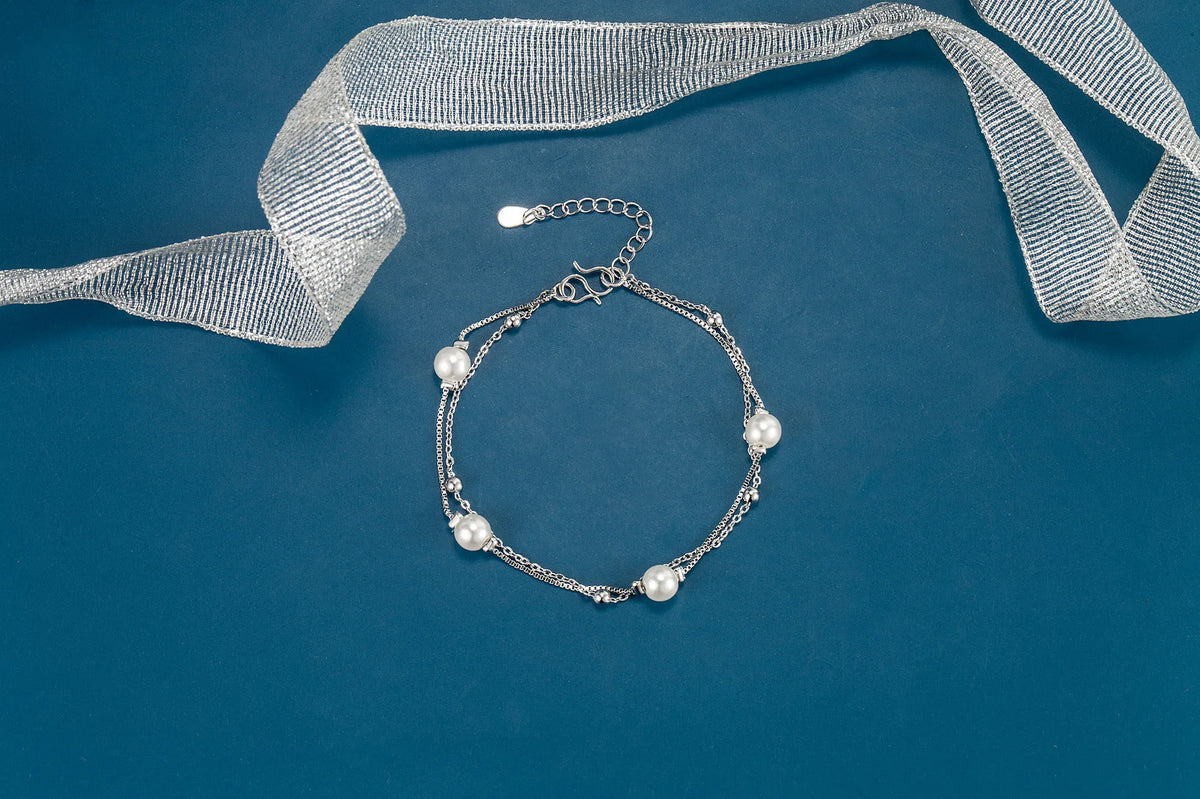 925 Sterling Silver Bracelet Double Chain Pearl Beads