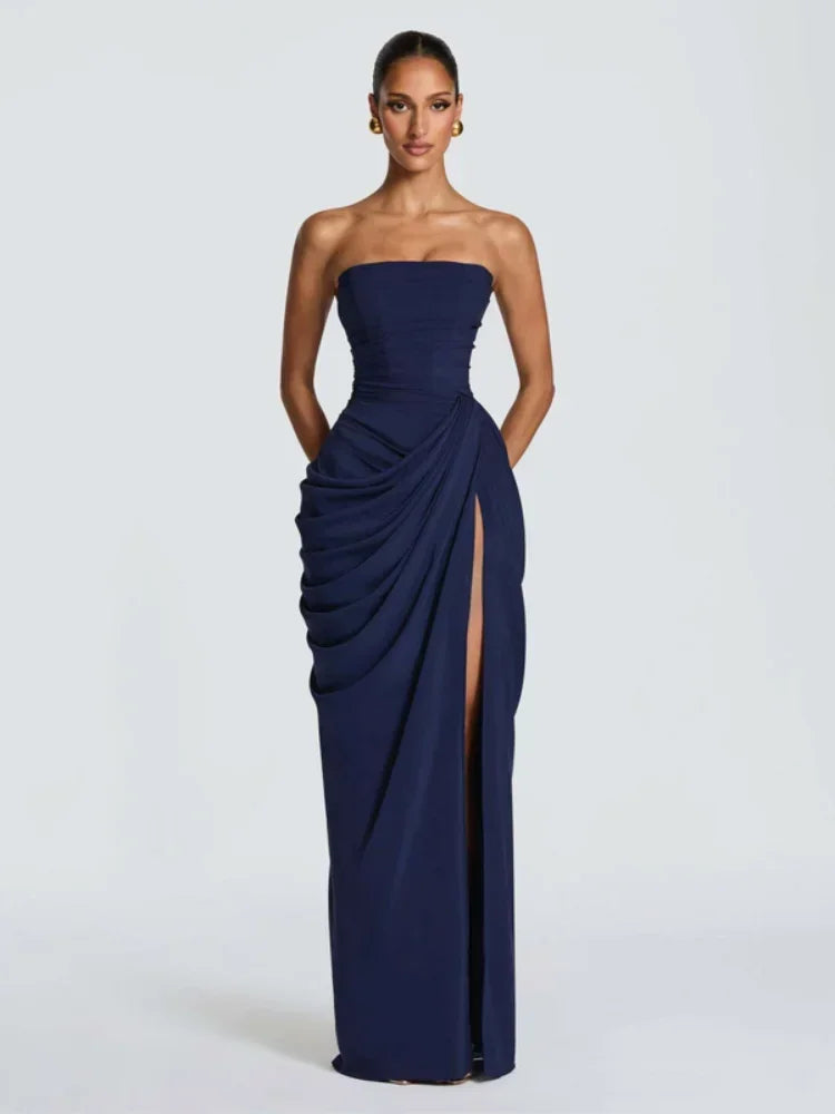 Solid Pleated Strapless Women's Dress Backless Off-shoulder