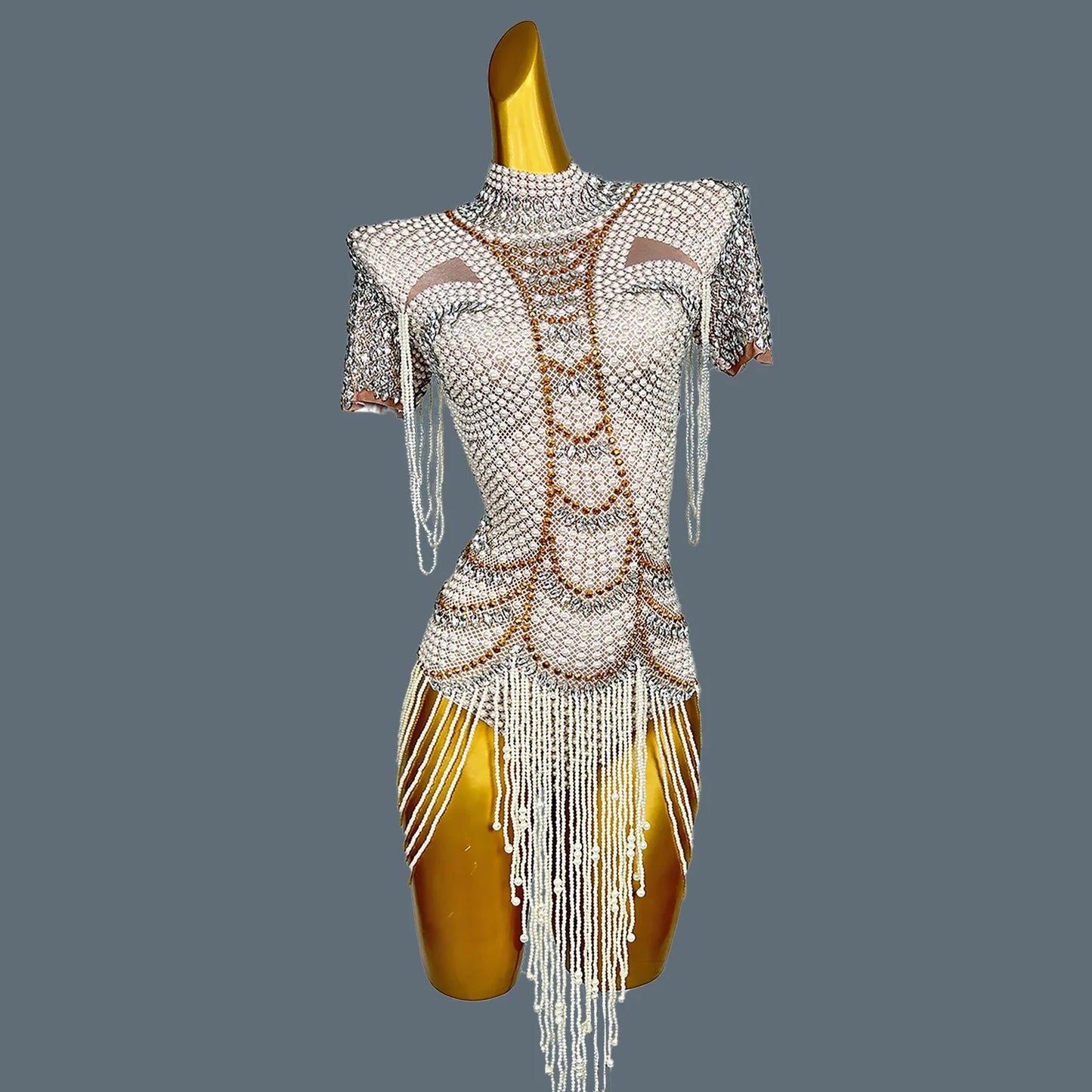 White Beaded Pearls Leotard Women Birthday Party Bodysuits