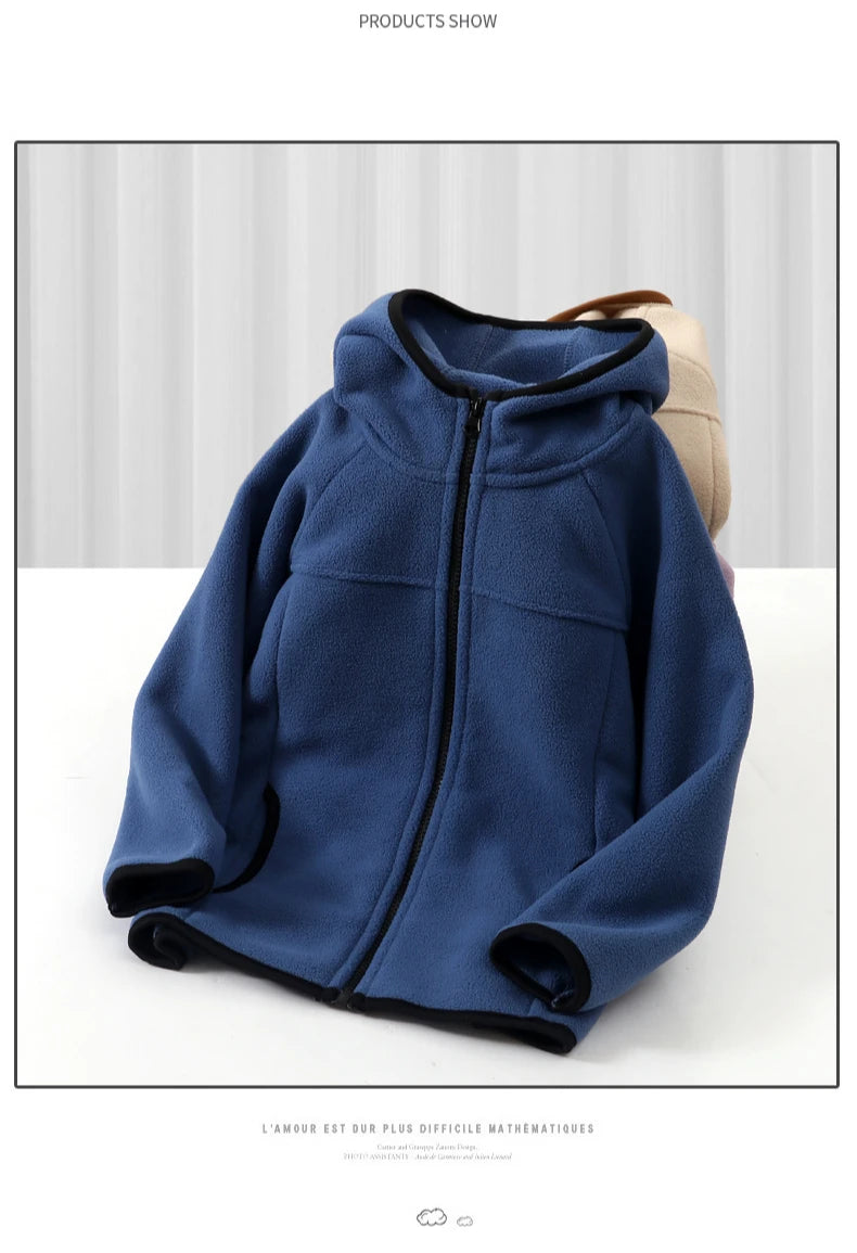 Children's Fleece Jacket Autumn Winter Casual Warm Teen Boys Girls Hooded Outerwear Anti-Static Windproof Cozy Kids Tops Clothes