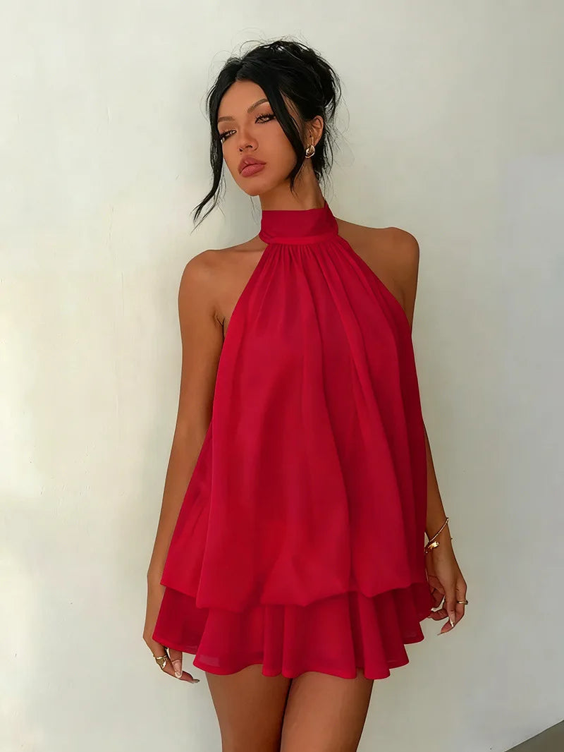 Halter Neck Backless Tie Mini Dress
