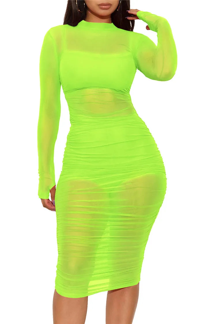 Women Mesh See Through 3 Piece Set Bodycon Ruched