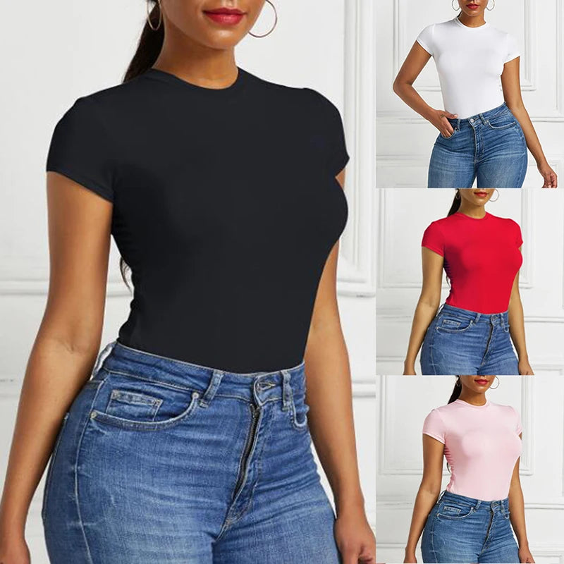 One Piece Bodycon Bodysuit Short Sleeve O Neck
