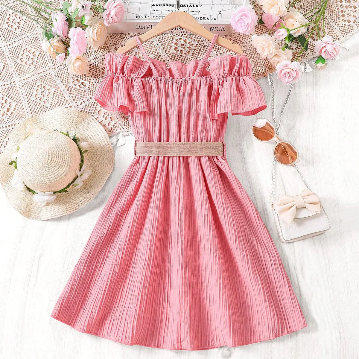 Dresses One-line Shoulder Strap Patchwork Lace Dress