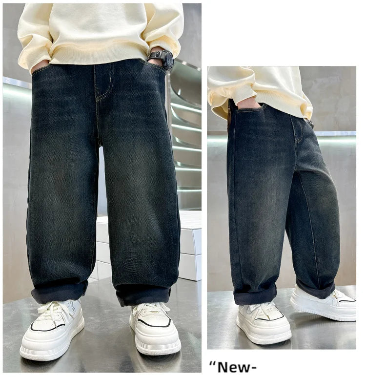 Retro Dark Blue Winter Warm Jeans  Thickened Insulated Denim Pants