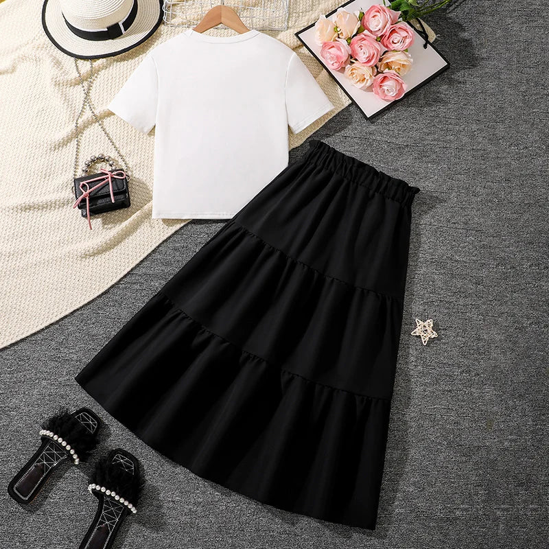 Trendy Girls Sets Solid Color Sets White Bow-knot T-shirt & Black Maxi Skirt 2 Pcs Korean Style Cute Sets Girls Suits