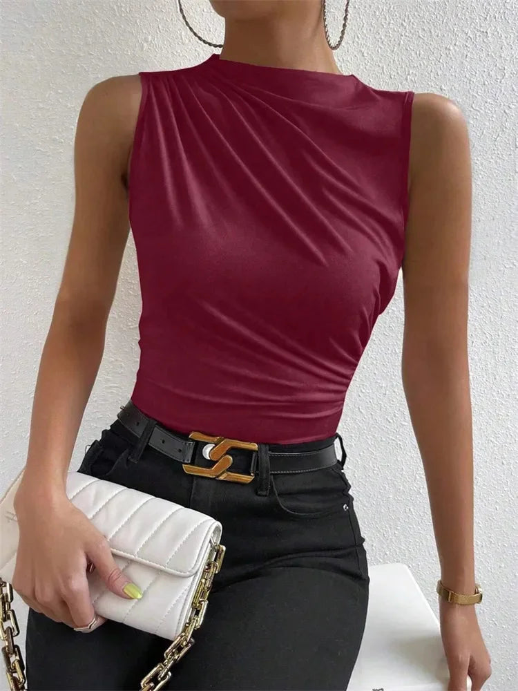 Mock Neck Ruched Tank Top for Women Summer 2024 Solid Color Pleated Sleeveless Tee Shirt Tshirt Streetwear Y2K
