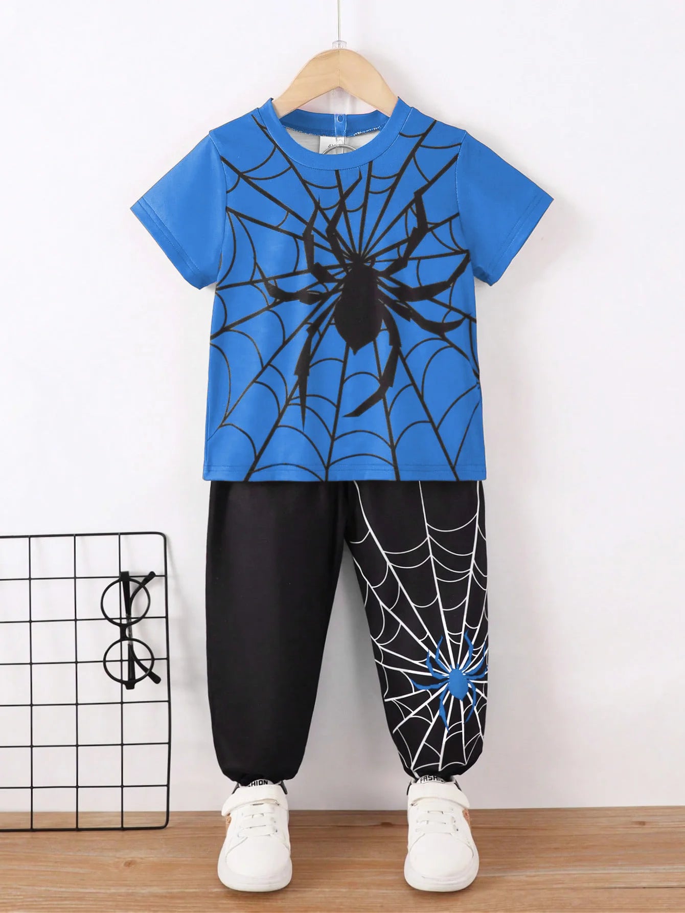 Summer Cool Boys Short Sleeves Spider Prints Two-Piece Leisure Suit For 4-7 Years Old Kids