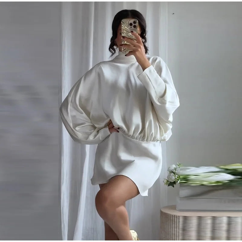 Satin Mini Dress  Scarf Collar Batwing Sleeve