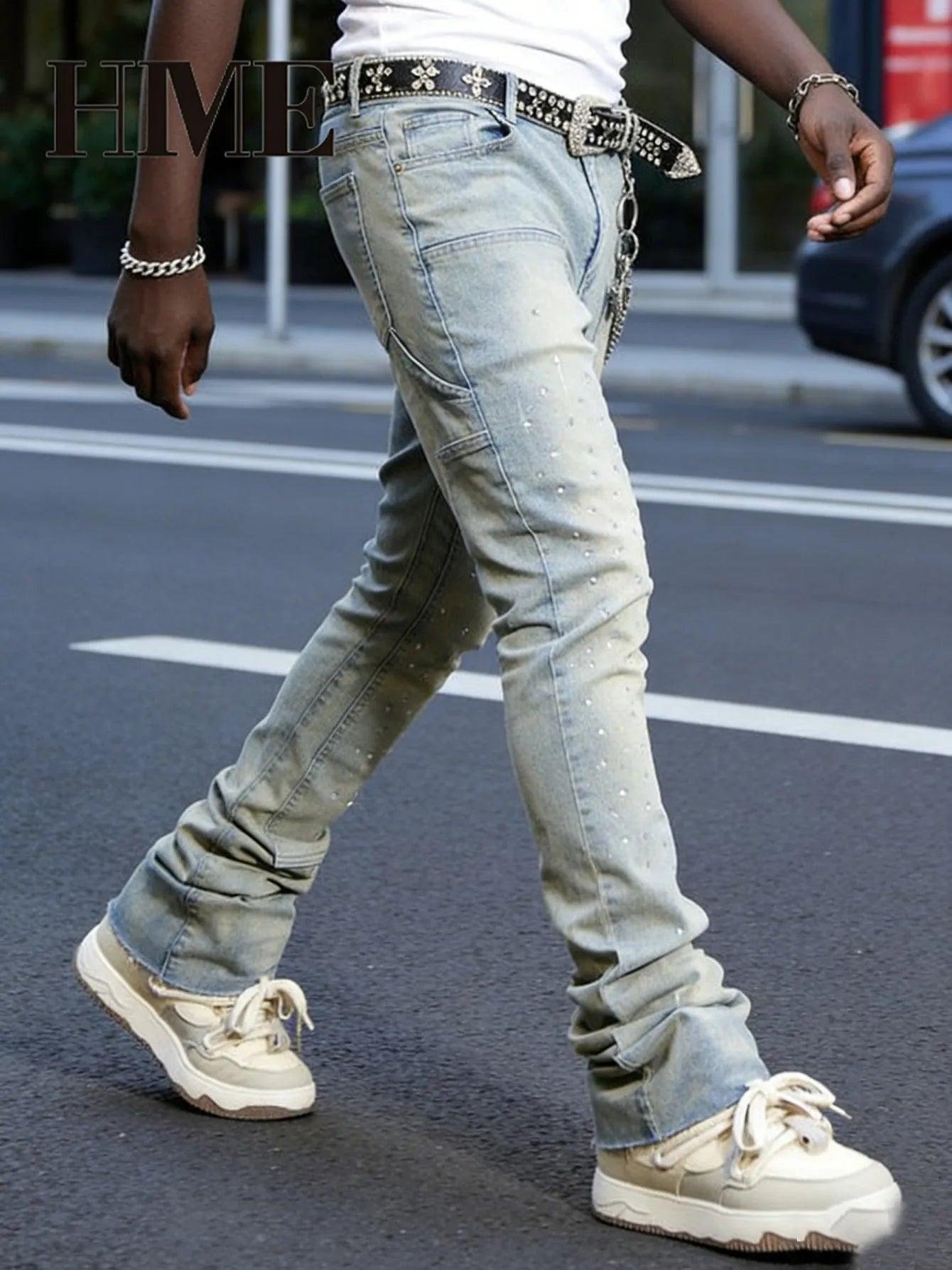 【HME】Men's jeans | Rhinestone Embellished Stacked Flare Denim pants for men, light vintage washed denim trousers with full‑body hot‑fix rhinestones, contrast stitching, multi‑pocket construction fashion streetwear m