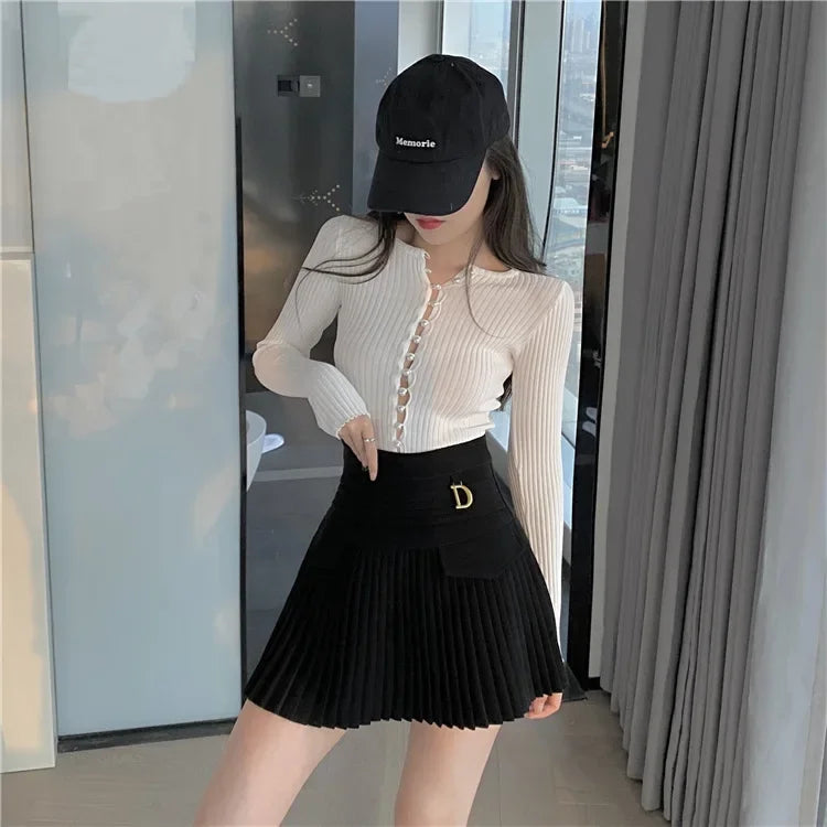 White Pleated Skirts High Waist Mini Metal Letter D A-Line