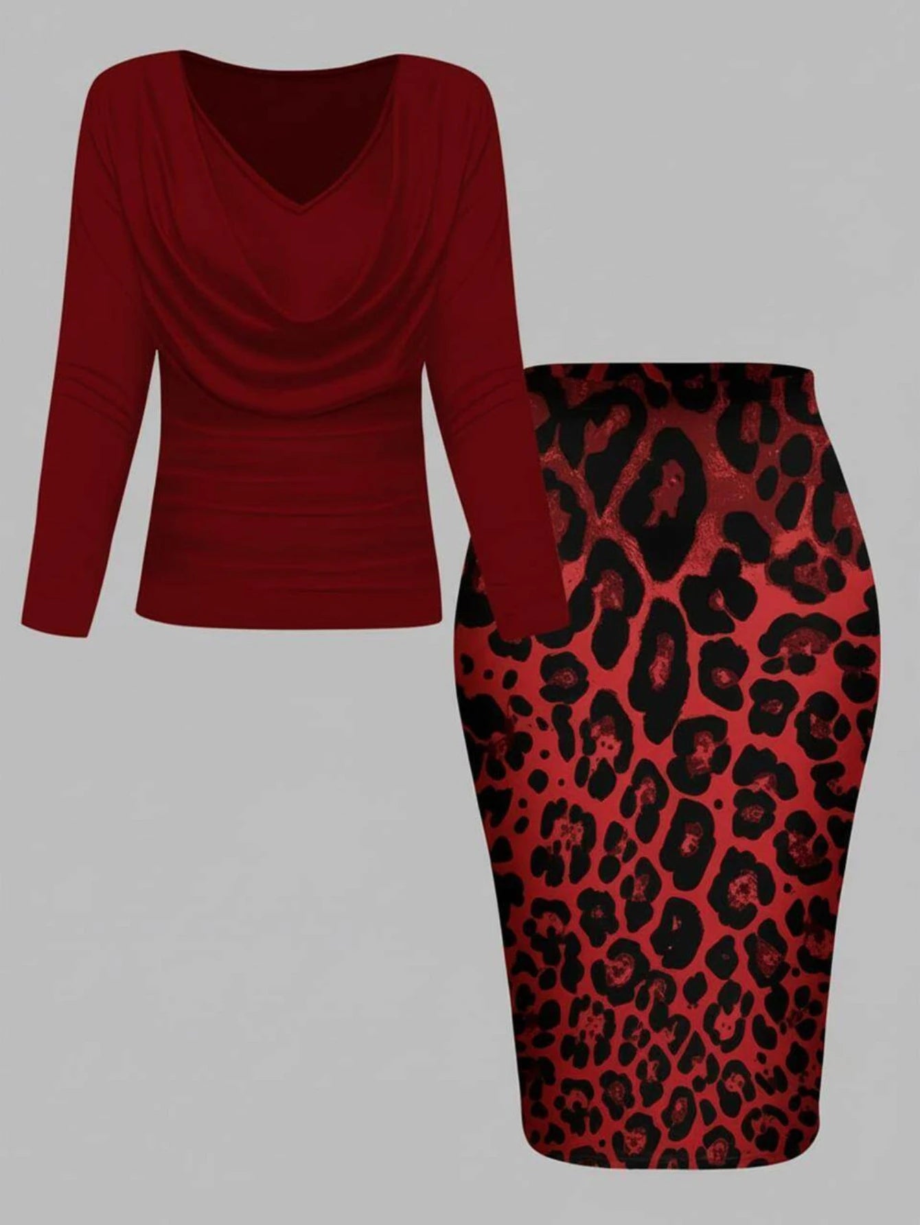 Women Long Sleeve Cowl Neck Leopard Print Midi Dress Elegant Bodycon Pencil Dress For Evening Party Formal Occasion Slim Fit