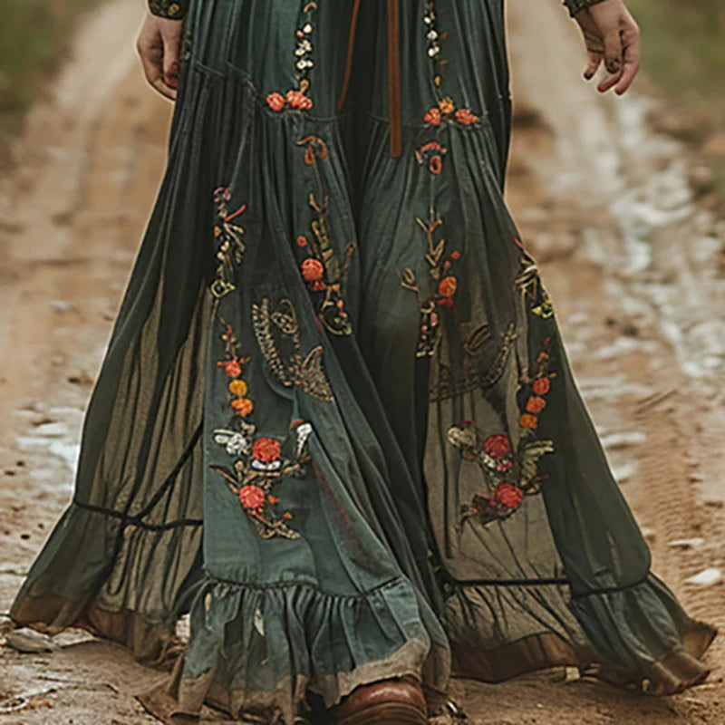 Floral Print Pleated Long Maxi Dress