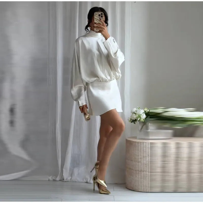 Satin Mini Dress  Scarf Collar Batwing Sleeve