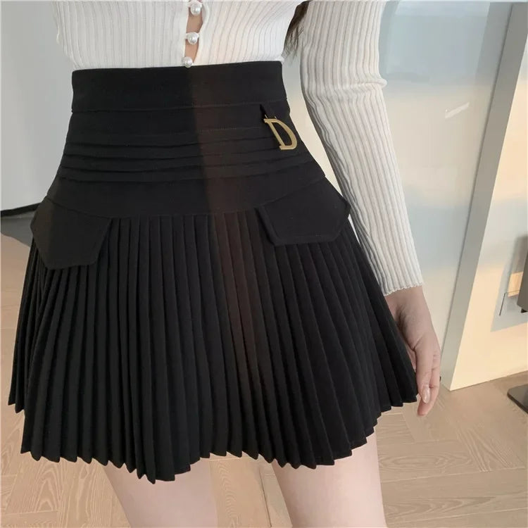 White Pleated Skirts High Waist Mini Metal Letter D A-Line