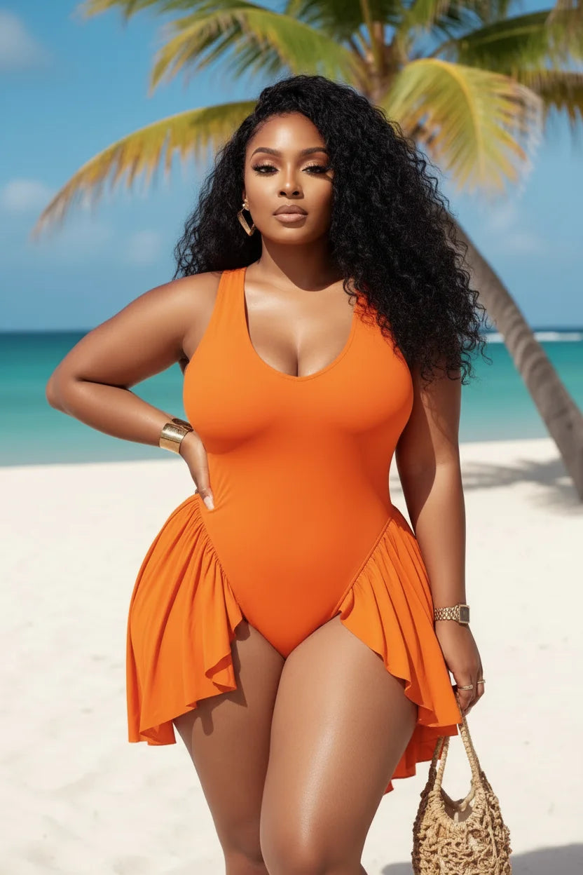 Plus Size V Neck Ruffle Swimsuit