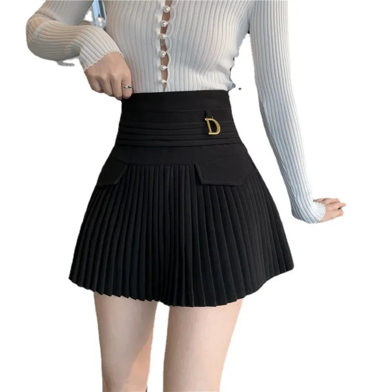 White Pleated Skirts High Waist Mini Metal Letter D A-Line