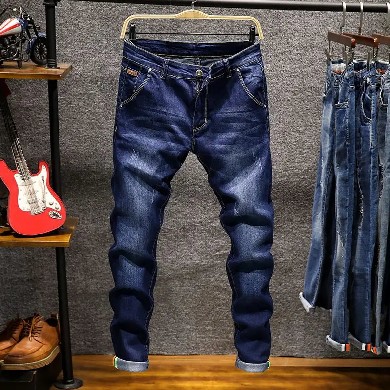 Elastic Straight Jeans Men Ripped Worn-out Slim-fit