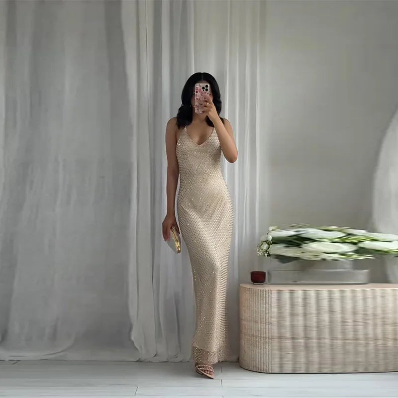 Diamond Halter Backless V Neck Dress