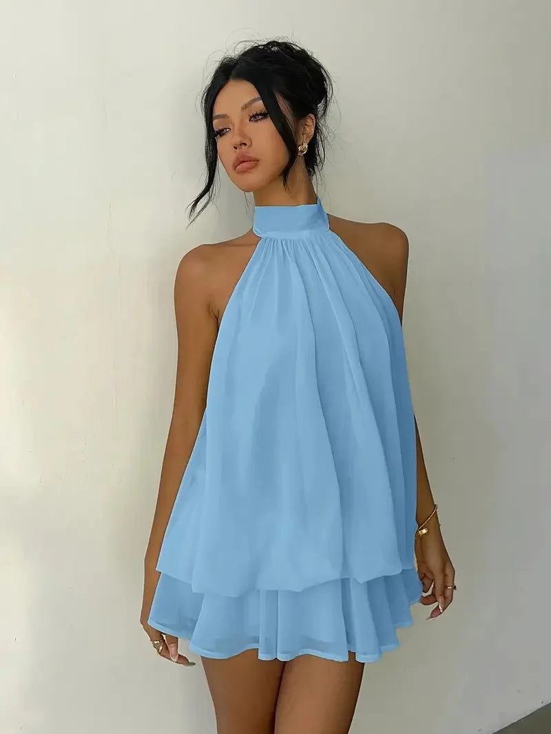 Halter Neck Backless Tie Mini Dress