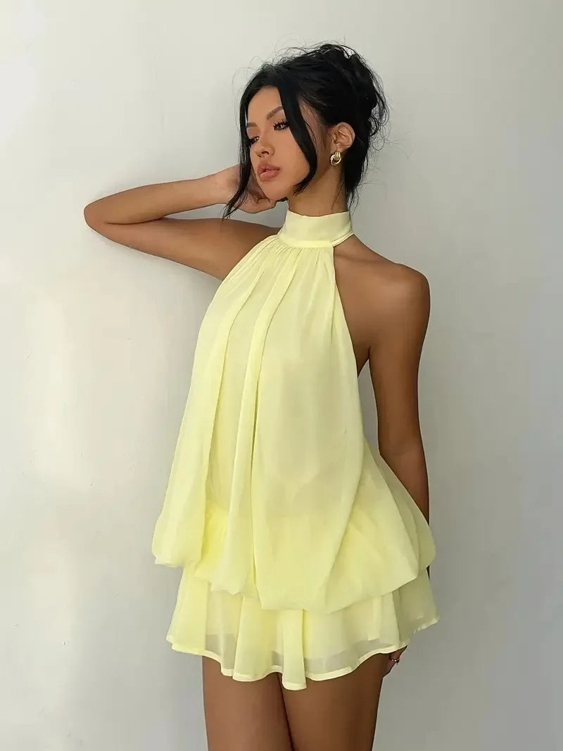 Halter Neck Backless Tie Mini Dress