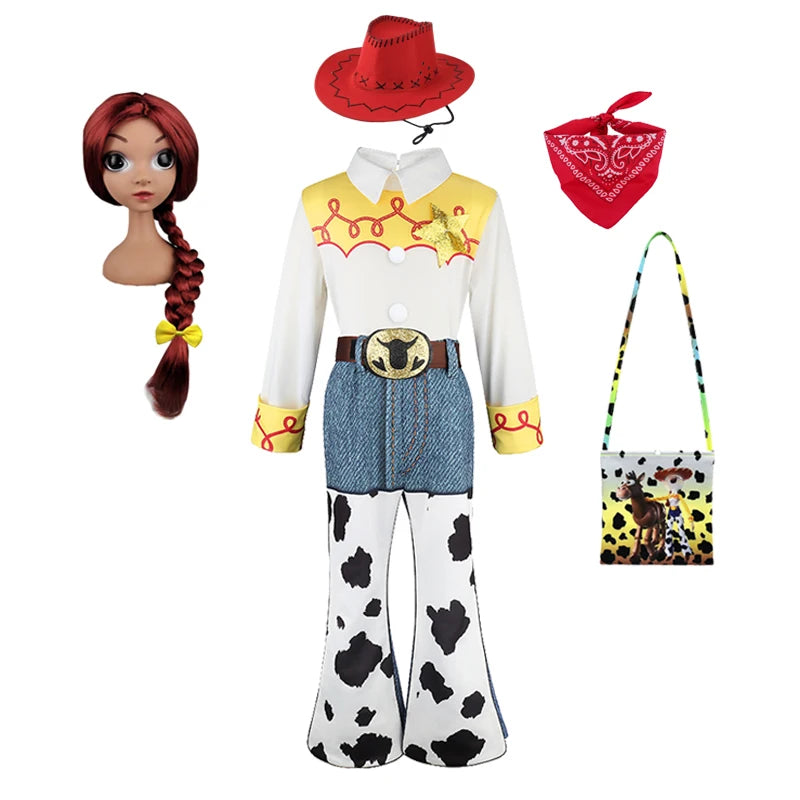 2026 Jessie Cowgirl Costume 2 Piece Set Sleeve shirt Cow Print Flared Pants Kids Cosplay Outfit