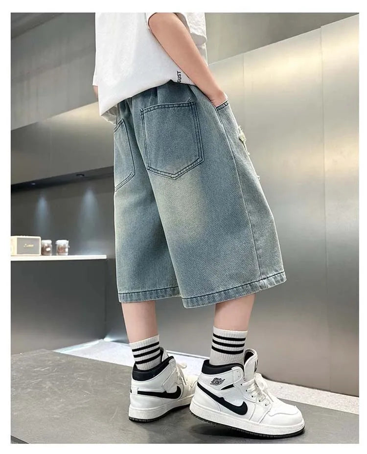 Boys Denim Shorts with Star Pattern