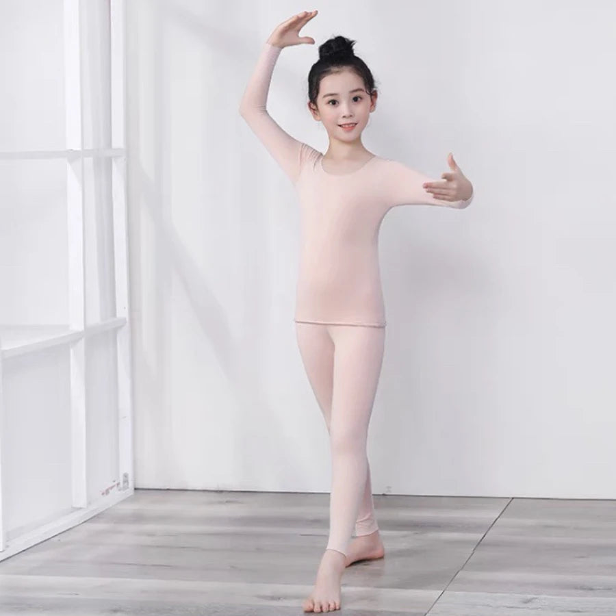 Spring Autumn Dancewear Kids Thermal Underwear Stretchy Girls Tight Underwear 2-14 Years Thin Base Performances Teen Clothes Set