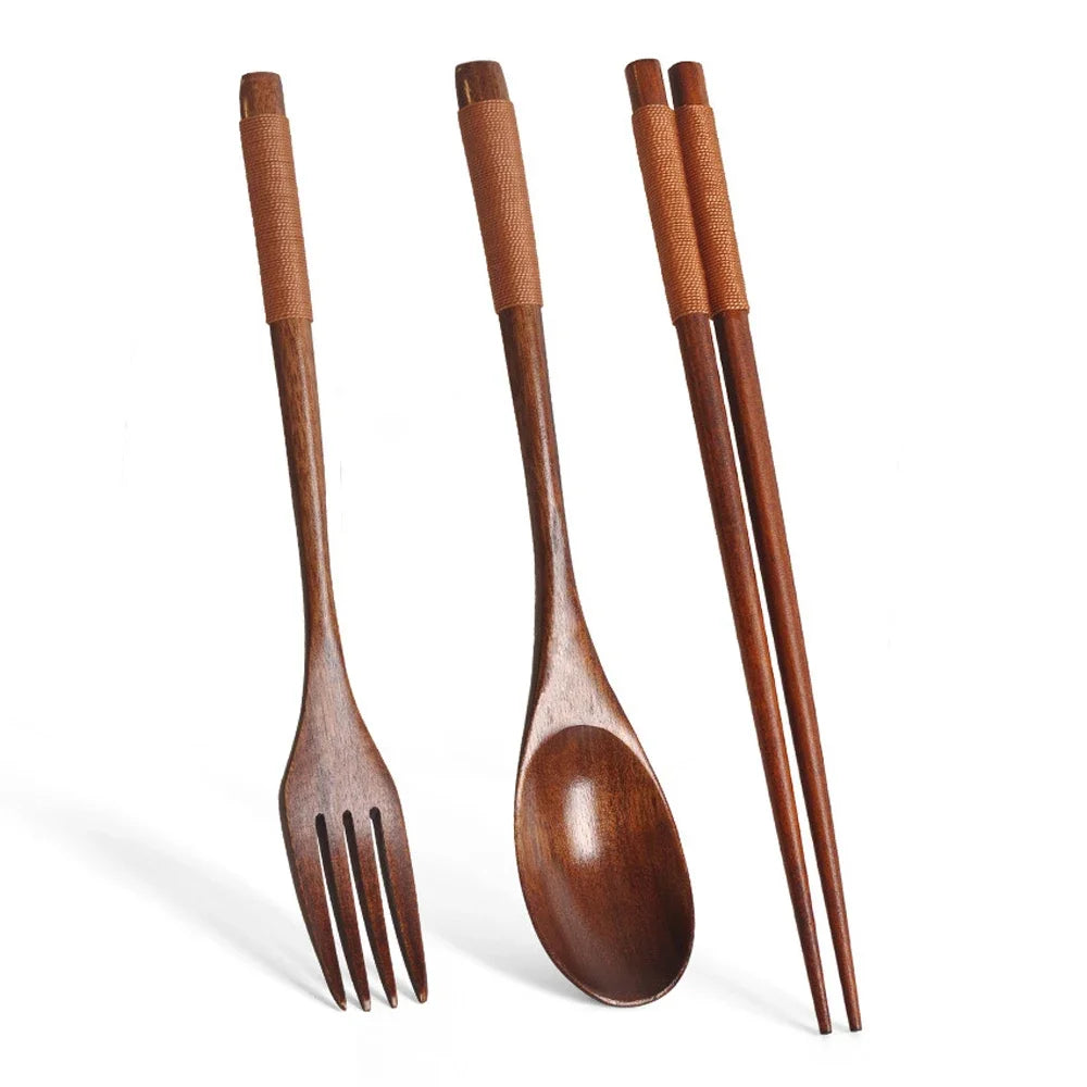 3 Pieces Tableware Natural Wood Dinnerware Spoon Chopsticks