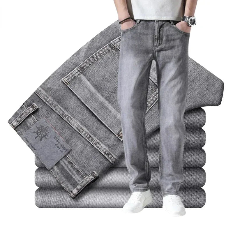 Men's Thin Denim Jeans Cotton Stretch Grey