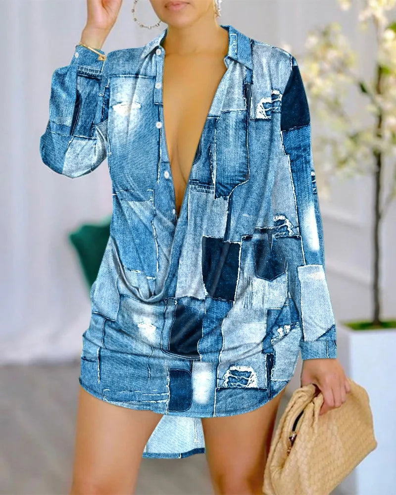 Spring Summer Sexy Deep V Neck Shirt Dress Office Lady Casual Loose Long Sleeve Letter Print Mini Dresses For Women 2023