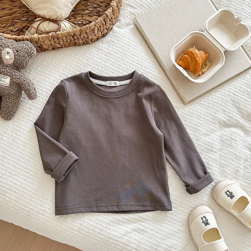 6 Colors Autumn Long Sleeve Tees Children's T-shirt Cotton Solid Color Base Coat Leisure Wear Boys Girls Tops Kids Clothes