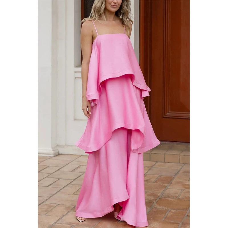 Multicolored Pleated  Maxi Dress  Spaghetti Strap Ruffle Tiered Flowy