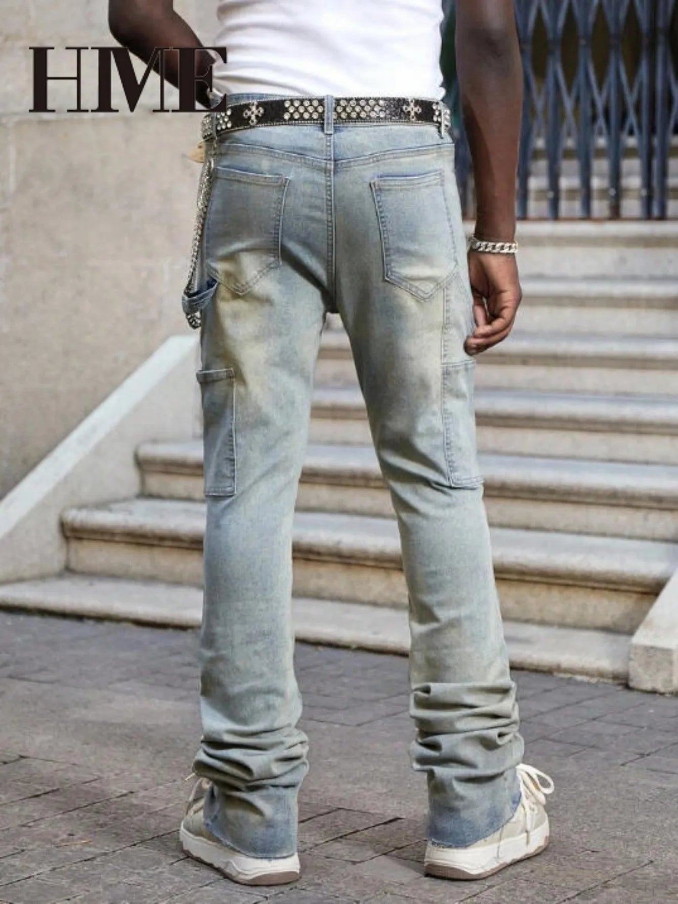 【HME】Men's jeans | Rhinestone Embellished Stacked Flare Denim pants for men, light vintage washed denim trousers with full‑body hot‑fix rhinestones, contrast stitching, multi‑pocket construction fashion streetwear m