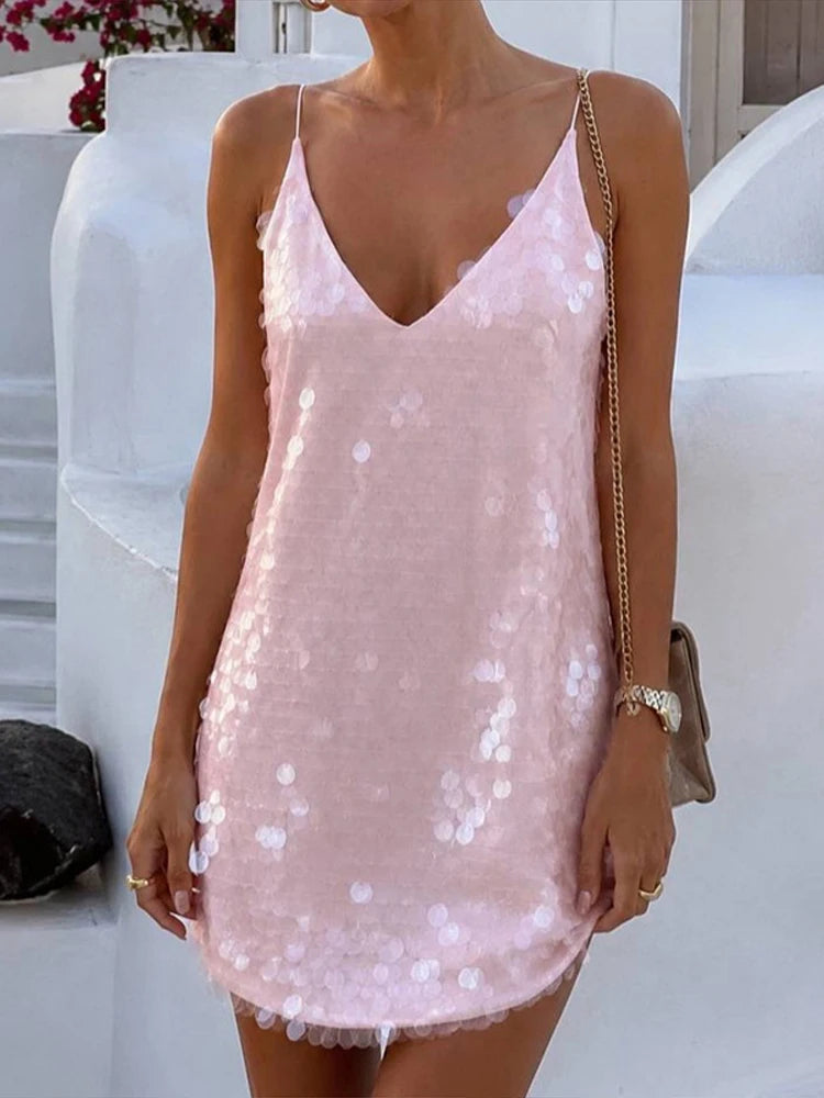 Sequined Sleeveless V-Neck Sling Loose Mini Dresses