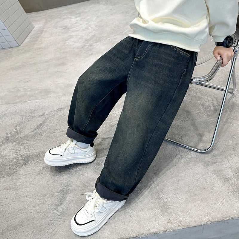 Retro Dark Blue Winter Warm Jeans  Thickened Insulated Denim Pants