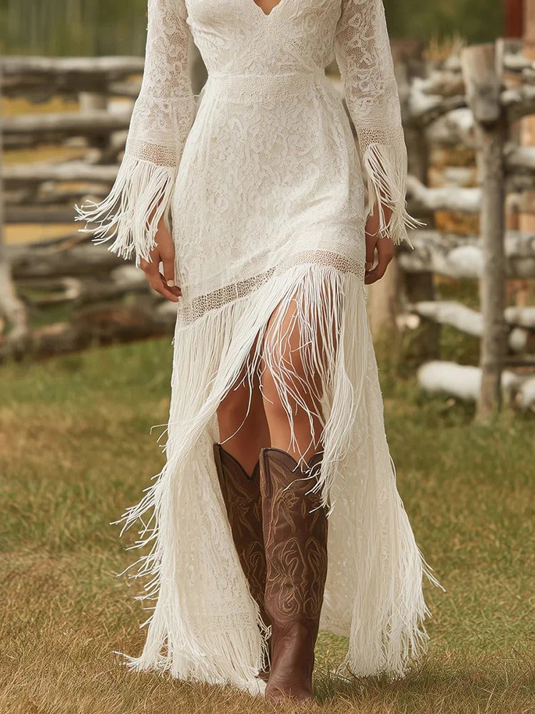 Tassel Dress White Lace V Neck Fringe Sleeve Autumn Fashion Party Dress Wedding Guest Maxi Dresses