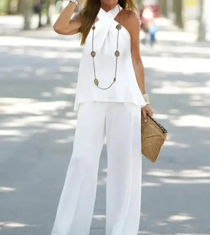 Women Two-Piece Set Halter Sleeveless V-Neck Top & High Waist Pants