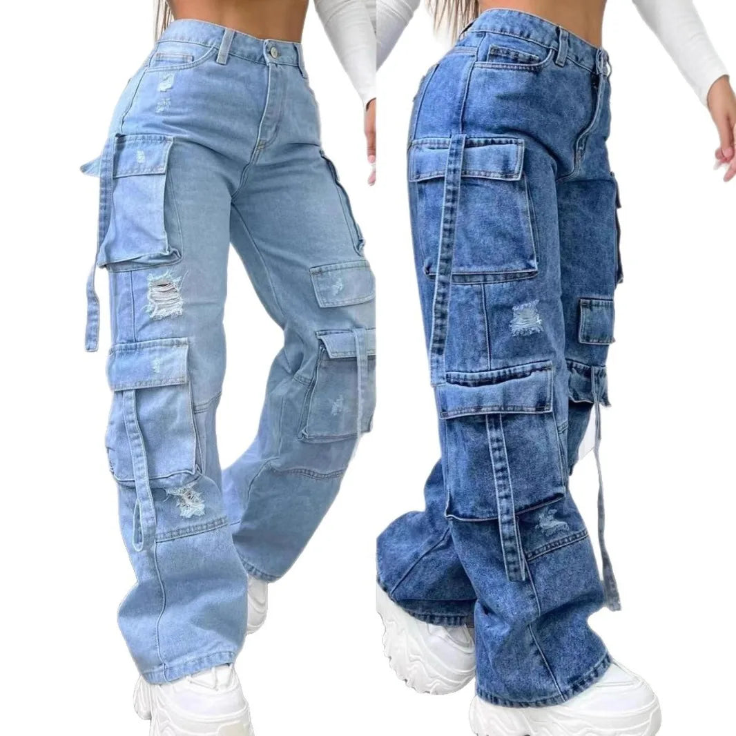 Plus Size Women's High Waist Cargo Denim