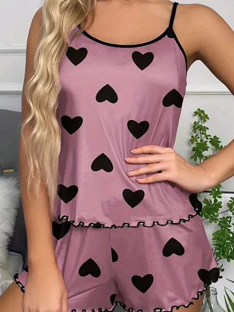 Women's Pajama Set Pajamas T-Shirts Shorts Pink Heart-Shaped Print Round Neck T-Shirt Ice Silk Top Comfortable Casual Summer ﻿