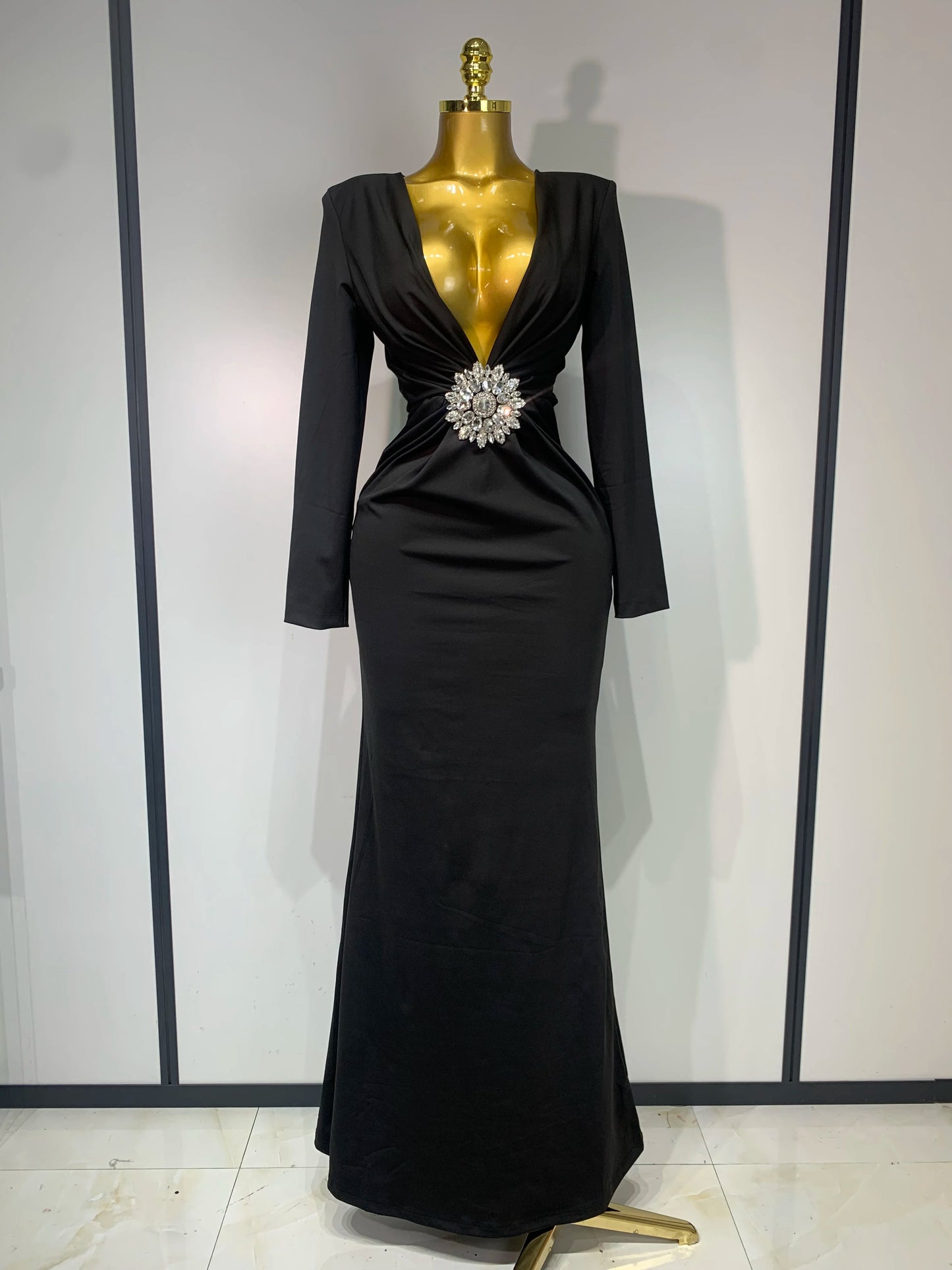Long Sleeve Deep V-Neck Bodycon Long Dress