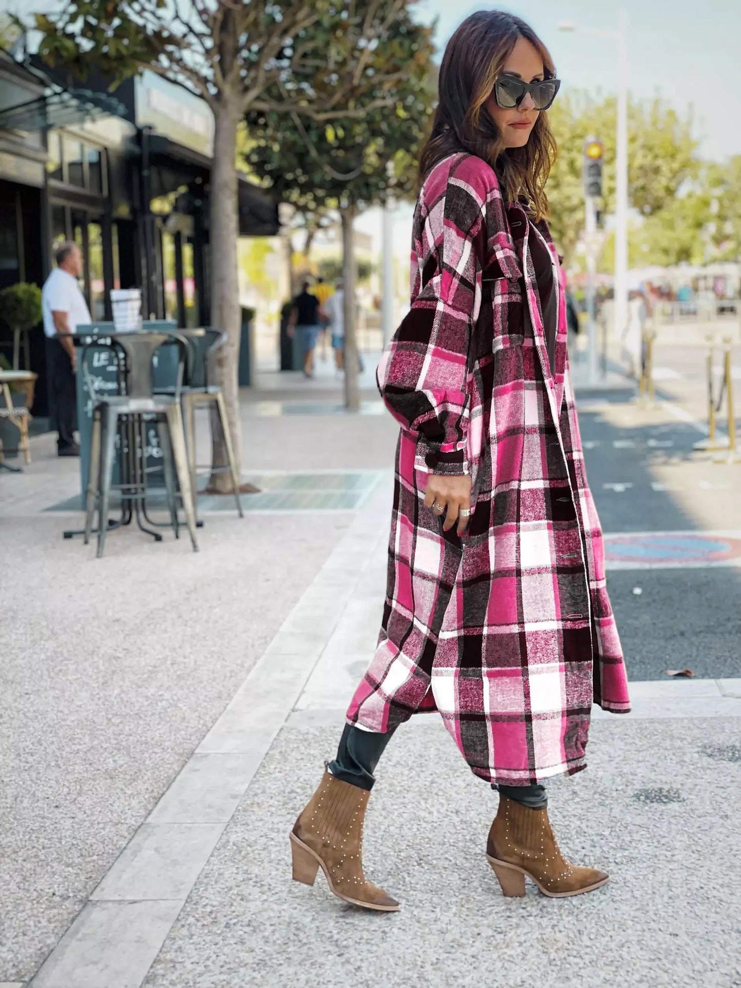 Women Coat Plaid Print Long Maxi Button Coats