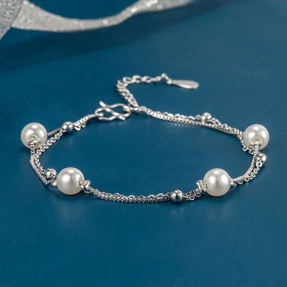925 Sterling Silver Bracelet Double Chain Pearl Beads