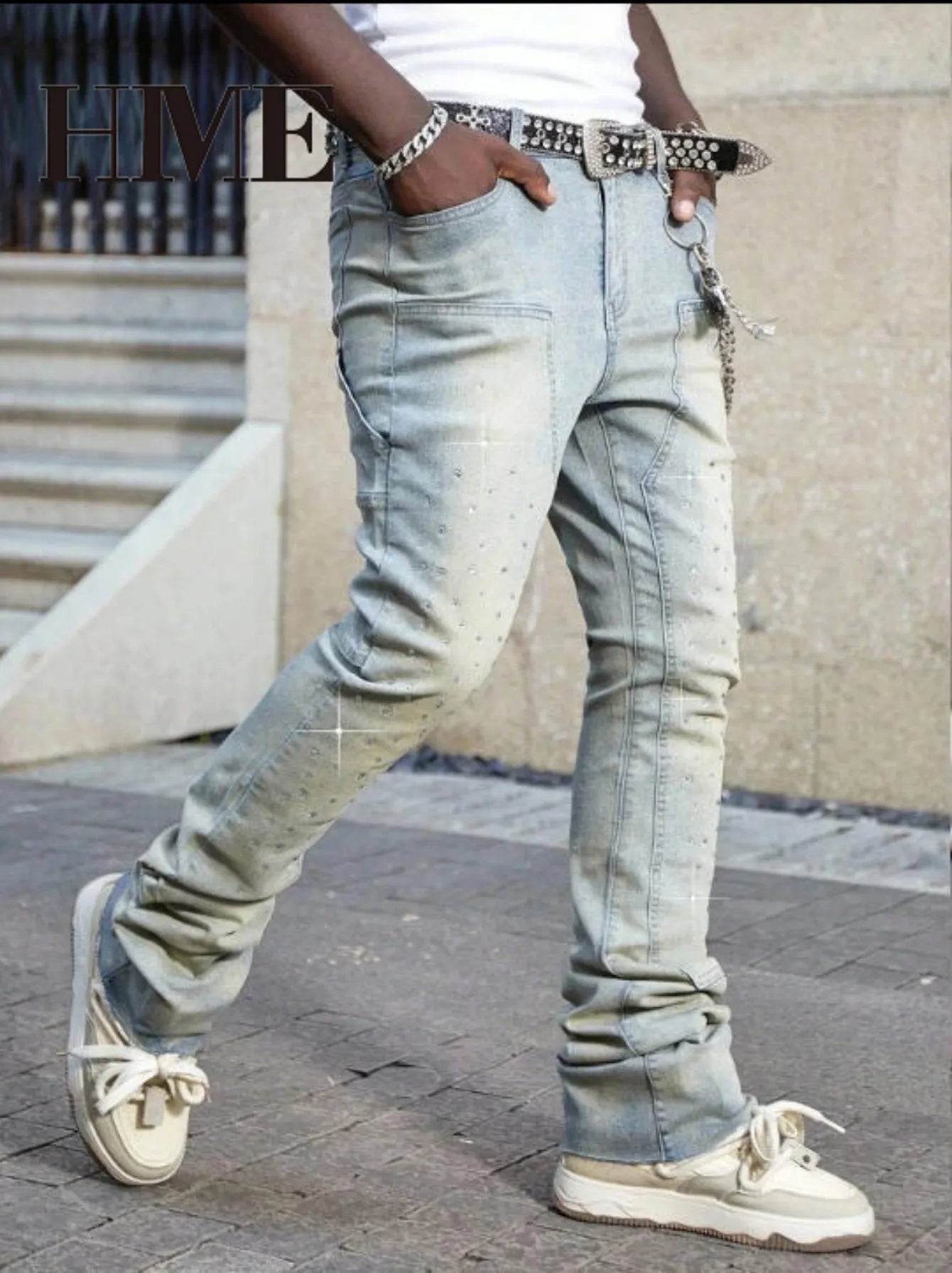 【HME】Men's jeans | Rhinestone Embellished Stacked Flare Denim pants for men, light vintage washed denim trousers with full‑body hot‑fix rhinestones, contrast stitching, multi‑pocket construction fashion streetwear m